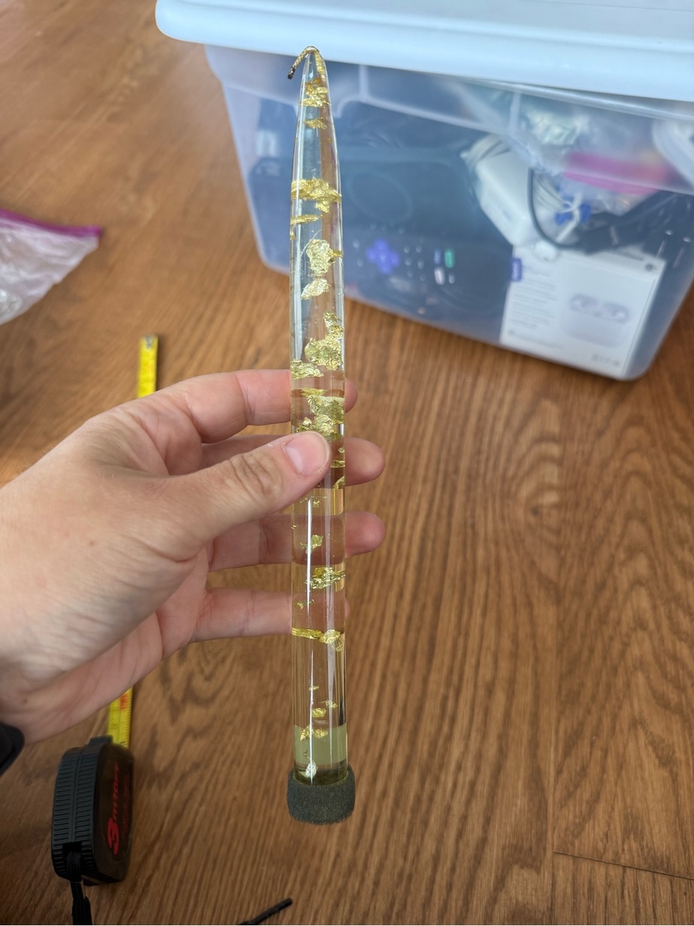 vintage clear gold flake lucite candle 10in